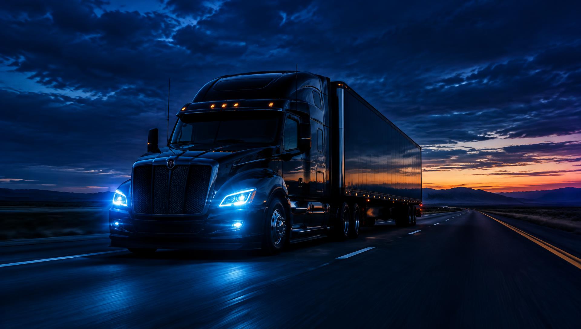 Black semi truck on the highway at dusk